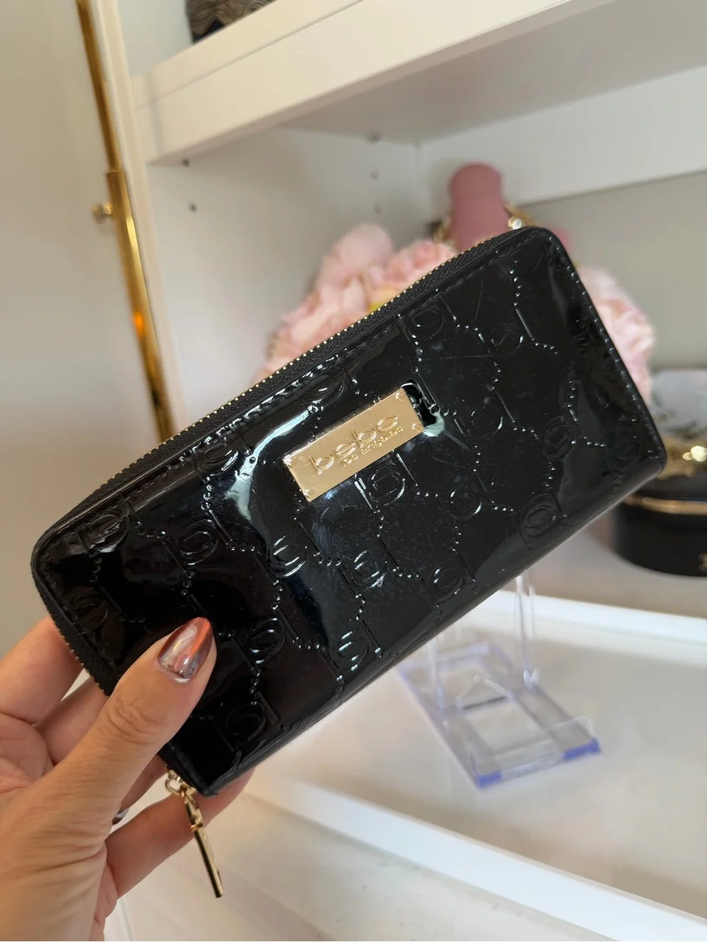 Bebe Black Patent Zip-Around Wallet with Gold Logo Plate NEW Gorgeous